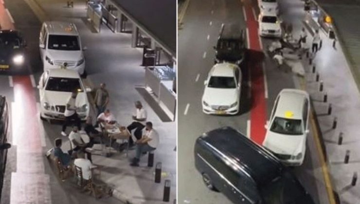 Larnaka Havaalanı’nda görev yapan taksicilerin yol kenarında masa ve sandalye koyarak kahve keyfi yapmaları tepki topladı