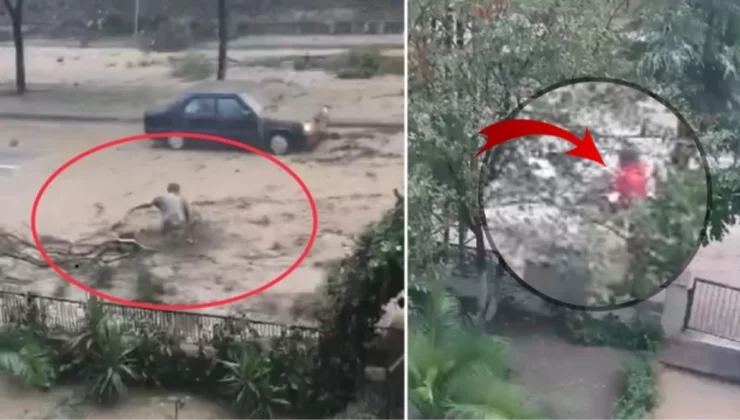 Samsun’da sel sularına kapılan 2 vatandaşın ölümden döndüğü anlar kamerada