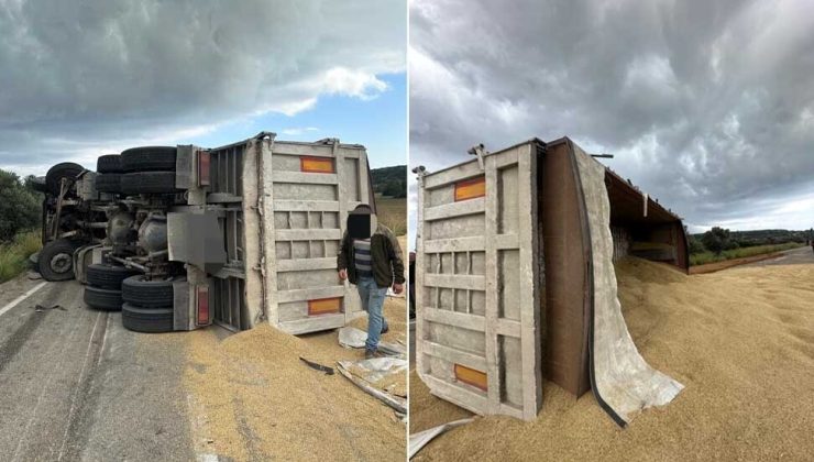 Pamuklu – Kumyalı Anayolunda arpa yüklü kamyon devrildi sürücü yaralandı