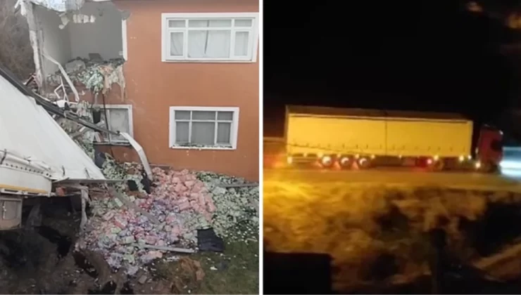 Freni boşalan tır evin 2. katına çarptı: Kaza anı kamerada
