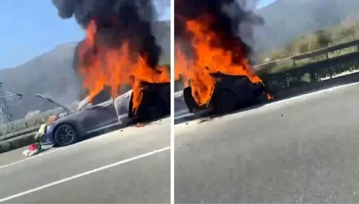 Görüntü Bursa’dan! Tesla marka elektrikli otomobil alev topuna döndü