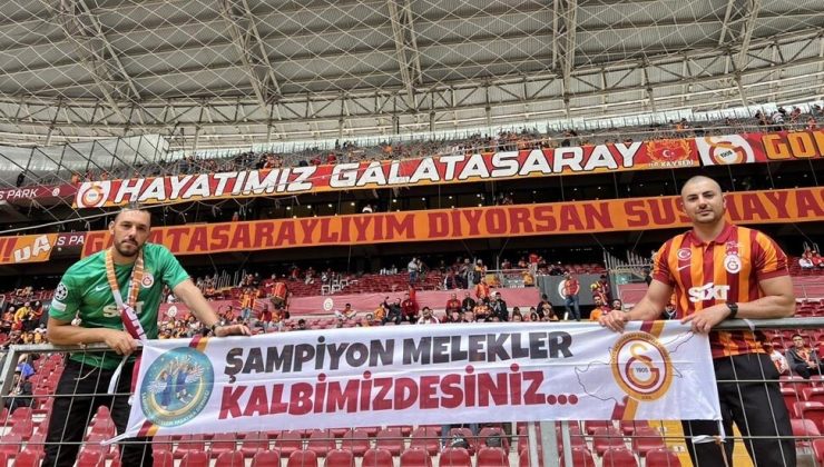 KKTC Galatasaray Taraftarlar Derneği tribünde ”Şampiyon Melekler Kalbimizdesiniz” pankartı açtı