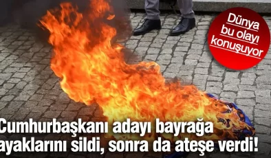 Cumhurbaşkanı adayı AB bayrağını önce yere indirdi ayaklarını sildi, sonra da ateşe verdi!