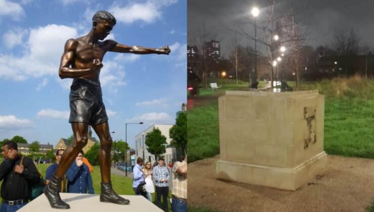 2 metrelik bronz heykeli çaldılar! Sadece ayakları kaldı