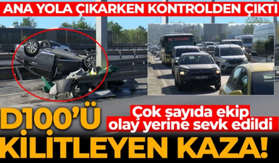D100’ü kilitleyen kaza! Kontrolden çıkan otomobil bariyerlere çarpıp takla attı