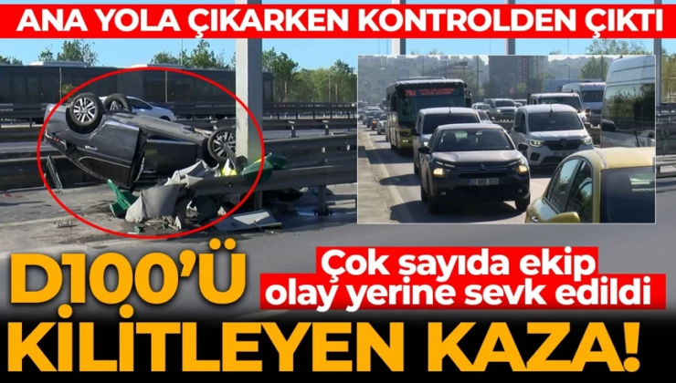 D100’ü kilitleyen kaza! Kontrolden çıkan otomobil bariyerlere çarpıp takla attı