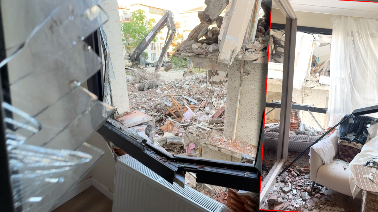 Yıkılan binanın kolonu komşu binaya çakıldı! Deprem sanıp sokağa döküldüler