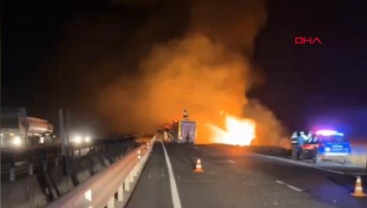 Mazot yüklü tanker devrildi, alevler geceyi aydınlattı: Yaralı sürücü kendini son anda kurtardı