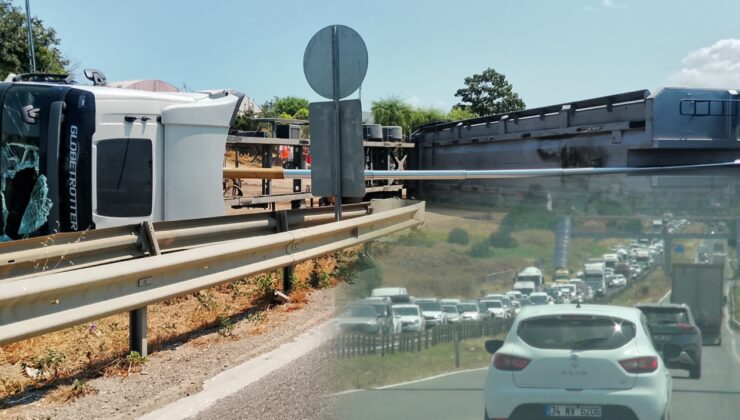 Silivri'de hafriyat kamyonu devrildi; uzun araç kuyrukları oluştu