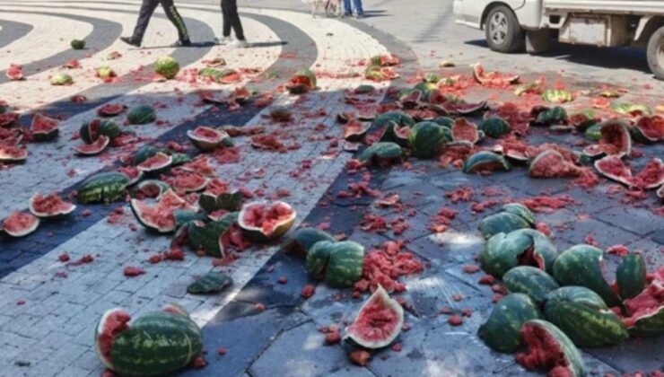 Sinirlendi tüm karpuzları caddenin ortasına fırlattı