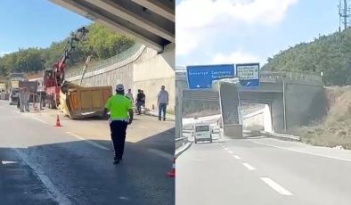 Çekmeköy’de hafriyat kamyonunun dorsesi üst geçide çarptı