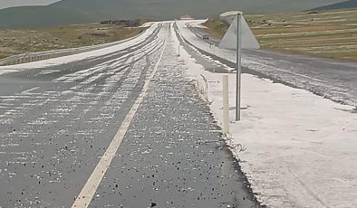 Çıldır kara yolu dolu nedeniyle beyaza büründü